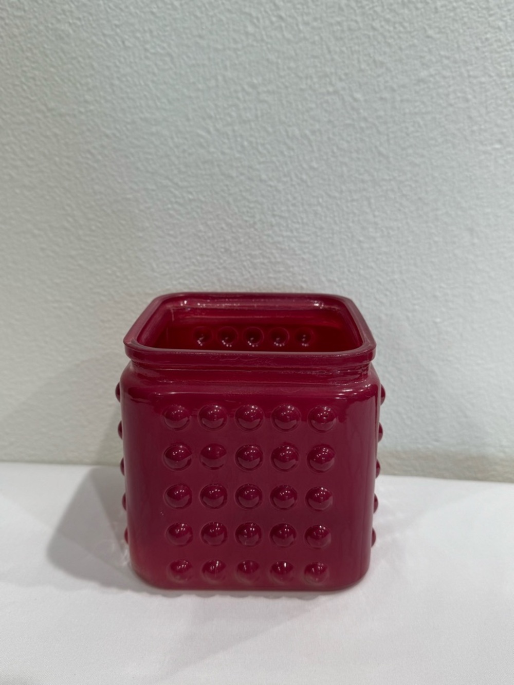 Red Glass Hobnail Pattern Square Decorative Jar with Glossy Finish